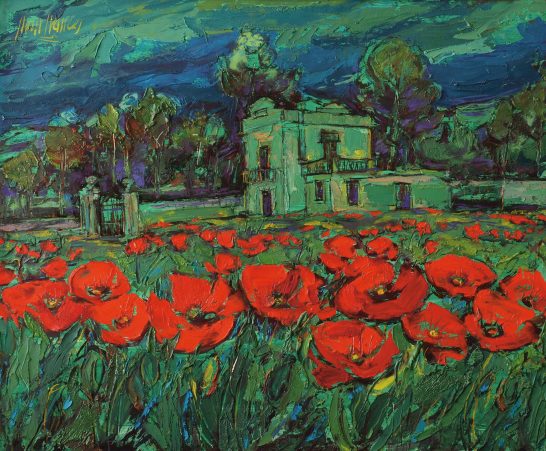 Amapolas en la casa verde Campo de amapolas rojas frente a una casa con un cielo oscuro y nublado.