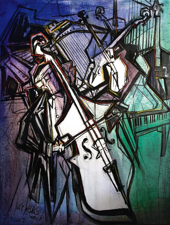 Músicos Músicos abstractos tocando instrumentos en un estilo moderno.