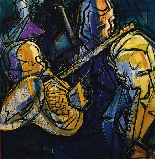 Músicos Músicos abstractos tocando instrumentos en un fondo colorido y geométrico.