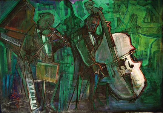 Músicos "contrabajo y violín" Dos músicos tocando instrumentos en un fondo abstracto de colores vibrantes.