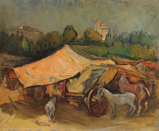 Feria de Xàtiva Carro cubierto con una lona, junto a caballos y un paisaje rural.