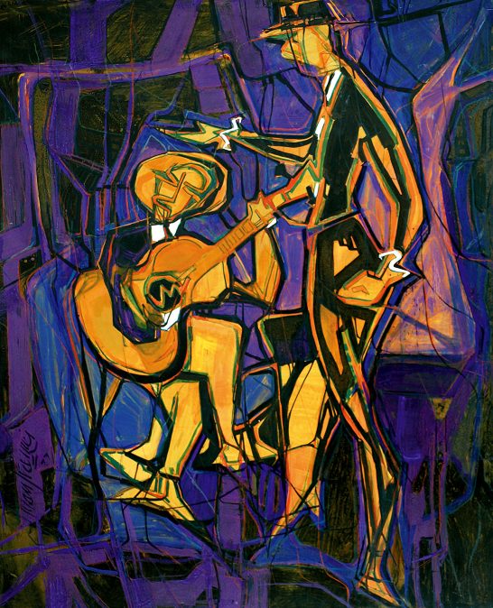 Flamenco Dos figuras estilizadas, una con guitarra, en un fondo abstracto de tonos morados y negros.