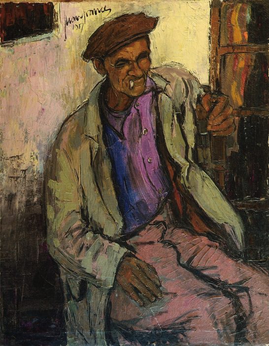 Quico Retrato de un hombre sentado, con una chaqueta clara y boina, con un fondo poco definido.