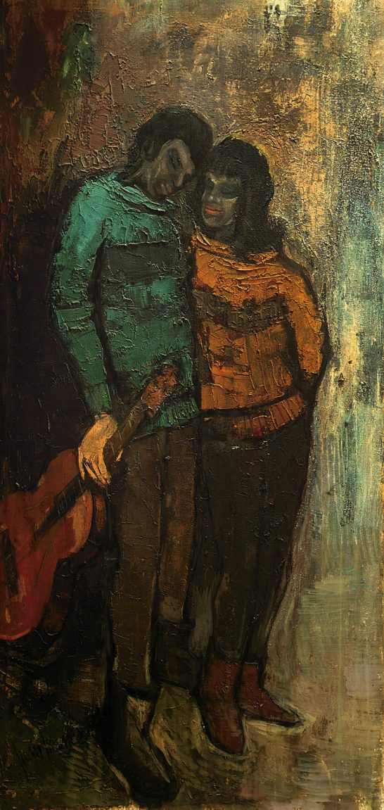 Idilio Pareja abrazada, con guitarra, en tonos oscuros y cálidos. Estilo artístico expresionista.