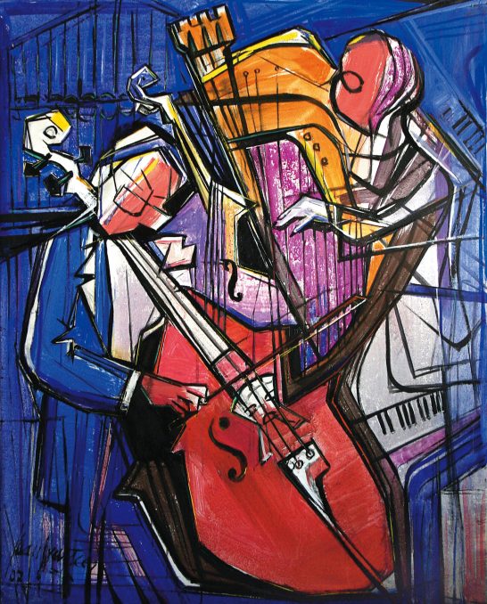 Músicos Dos músicos tocan un contrabajo y un saxofón en un fondo abstracto colorido.