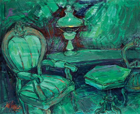 Interior con verdes Mueble y lámpara en tonos verdes, con un estilo artístico abstracto y texturas vibrantes.
