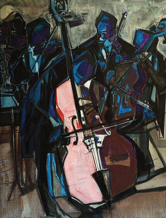 Czardas con el contrabajo Músicos en un escenario, tocando instrumentos en tonos oscuros y con un contrabajo destacado.