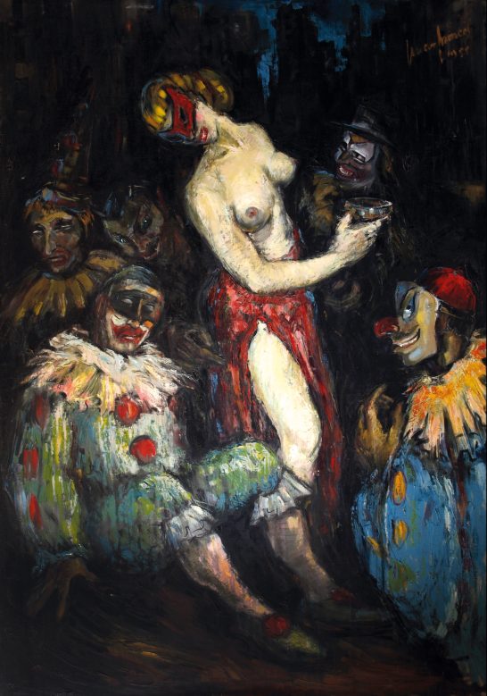 Orgía de máscaras Mujer desnuda en el centro, rodeada de payasos pintorescos en un entorno oscuro.