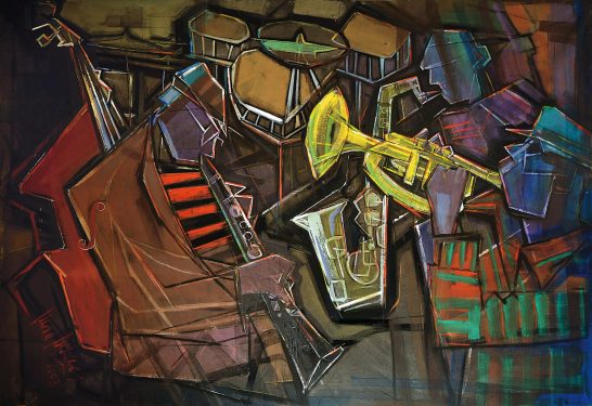 Músicos de jazz Instrumentos de jazz abstractos, incluyendo un saxofón y una trompeta. Colores vibrantes.