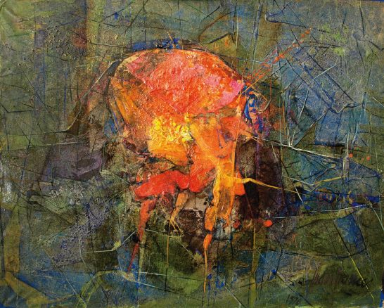 Abstracción Abstract art with vibrant orange and yellow hues against a textured green background.