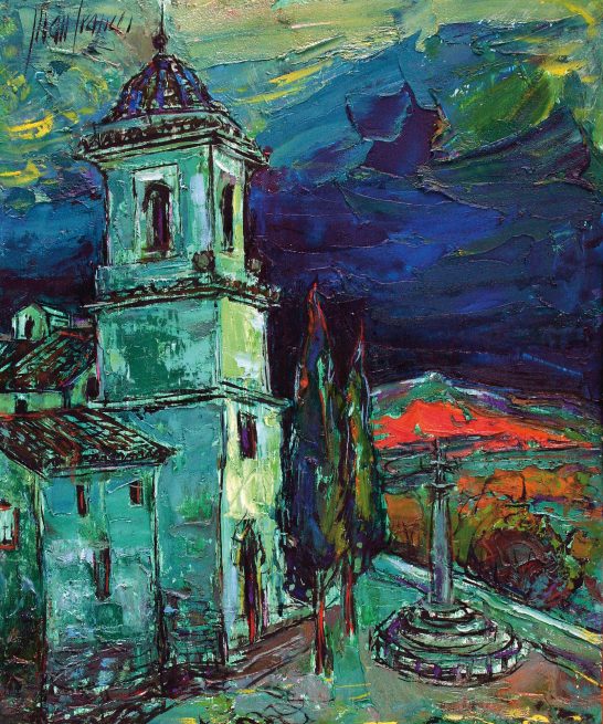 Ermita de San José Iglesia de tonalidades verdes con un atardecer vibrante y paisajes montañosos al fondo.