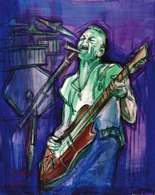 Rock Músico tocando una guitarra mientras canta y toca una armónica en un fondo colorido.