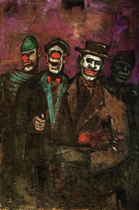 Payasos Cuatro payasos de aspecto sombrío con trajes oscuros y expresiones inquietantes.