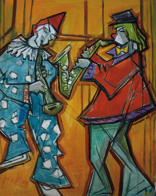 Músicos de circo Dos personajes de estilo cubista, un payaso con saxofón y otro músico, en colores vibrantes.