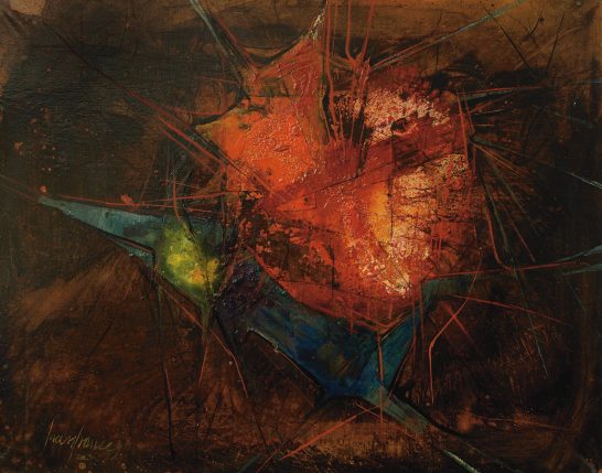 Abatracción Composición abstracta con tonos oscuros, rojos y azules en formas fluidas.