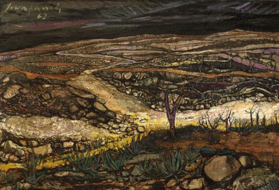 Invierno Paisaje nocturno con caminos serpenteantes y vegetación en tonos oscuros y amarillos.