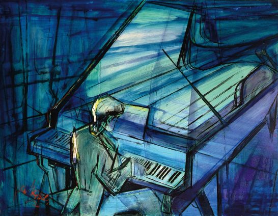 Piano Una figura toca un piano en un fondo azul con trazos abstractos.