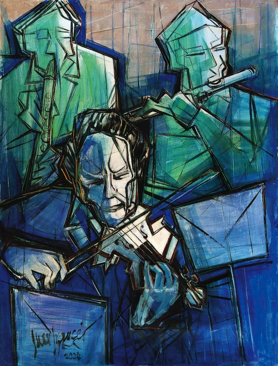 Músicos Músicos abstractos tocando instrumentos, con trazos en tonos azules y verdes.