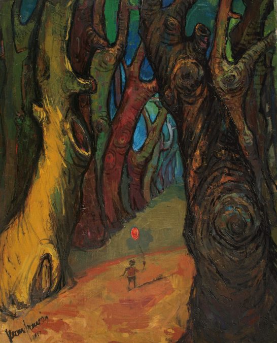 Alameda 'Inocencia' Un sendero en un bosque con árboles de colores vivos y un personaje pequeño al fondo.