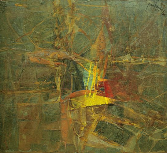 Abstracción Pintura abstracta con tonos verdes, amarillos y rojos en una composición dinámica.