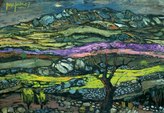 Paisaje con árbol seco Paisaje abstracto con colinas, piedras y árboles, en tonos vibrantes de verde, morado y azul.