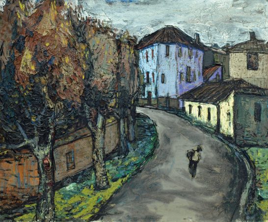 Caminante Paisaje urbano con un camino curvo y un hombre caminando, rodeado de edificios y árboles.