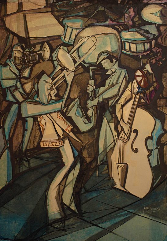 Jazz Una escena de músicos tocando, con énfasis en instrumentos de viento y percusión.