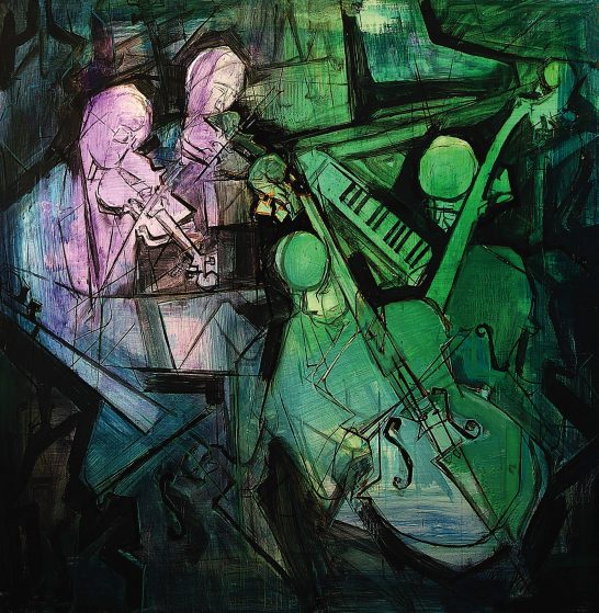 Músicos Cuatro músicos interpretando una melodía, con instrumentos como violín, piano y contrabajo.