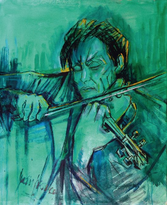 Solista de violín Retrato de un violinista con expresión intensa, en tonos verdes y azules.