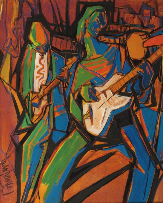 Rock Dos músicos que tocan guitarras, en un estilo abstracto y colorido.