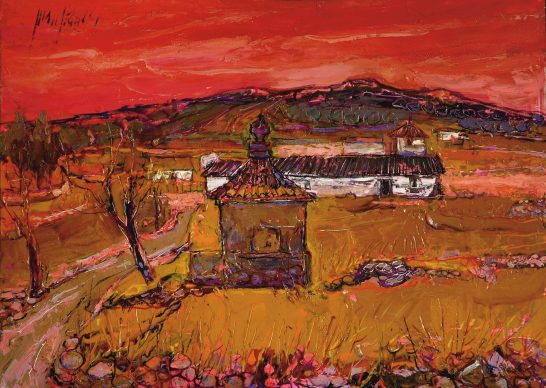 El pozo (La Mancha) Paisaje con un cielo rojo intenso, casas blancas y un camino en el campo.