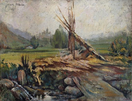 Paisaje 'La huerta de Xàtiva' Paisaje rural con árboles caídos, campos verdes y una corriente de agua.