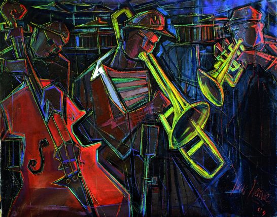 Músicos "free jazz" Músicos de jazz tocando trompeta y contrabajo, con colores vibrantes y estilo abstracto.