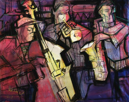 Músicos Tres músicos de jazz con instrumentos, retratados en un estilo abstracto y colorido.