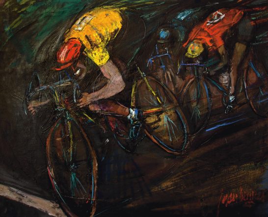 Esprint Ciclistas compitiendo en una carrera, con vestimenta amarilla y roja.