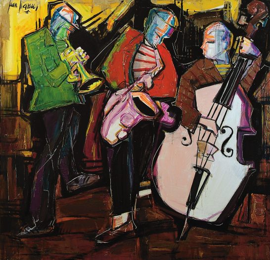 Jazz Tres músicos en un ambiente vibrante, tocando trompeta, saxofón y contrabajo.