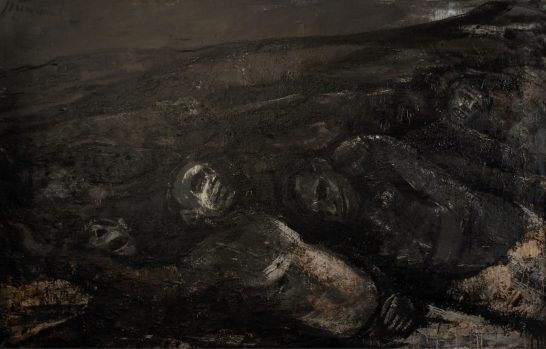 Masacre Textura oscura y rugosa con formas abstractas de tonos grises y negros.