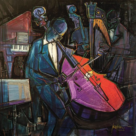 Violonchelo y arpa Un grupo de músicos tocando jazz, con un contrabajo destacado en primer plano.