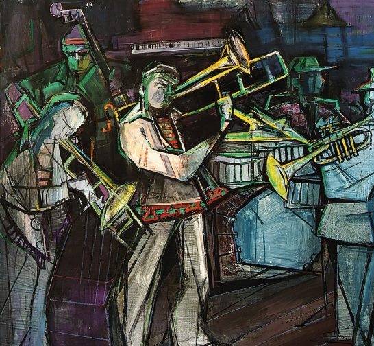 Músicos de jazz Musicos tocando instrumentos en una interpretación vibrante y colorida de jazz.