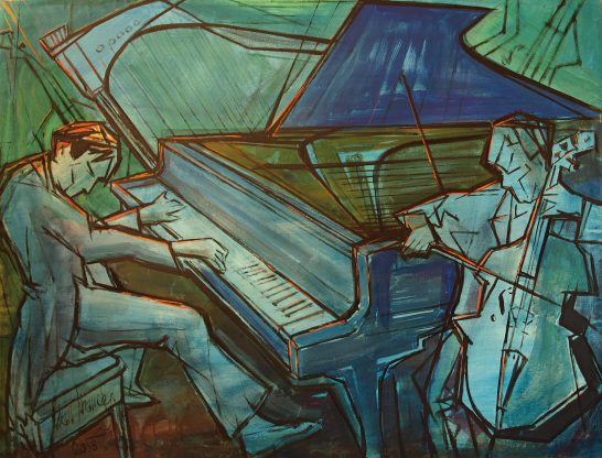 Pianista Dos músicos tocando un piano y un violonchelo en un estilo abstracto.
