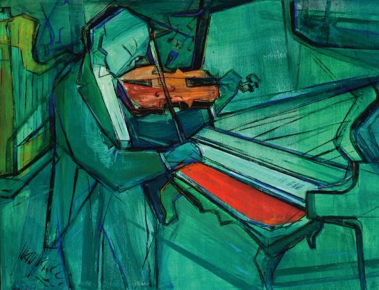Violinista y piano Músico tocando un violín entre tonos verdes y rojos, estilo abstracto.