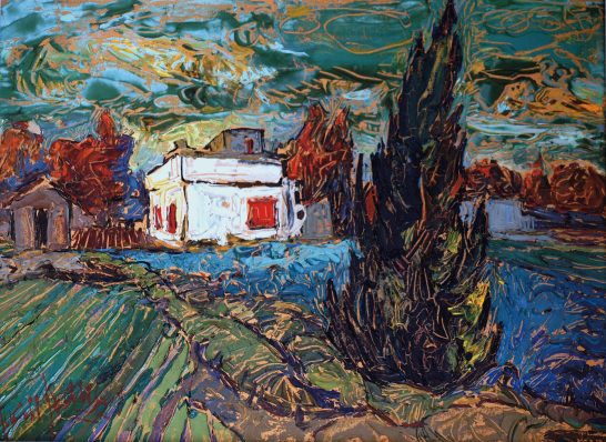 El ciprés Casa blanca rodeada de árboles y campos, con un cielo colorido y movimientos de pincel.