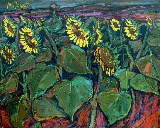 Girasoles Campo de girasoles con hojas verdes y fondo colorido. Estilo vibrante y expresionista.