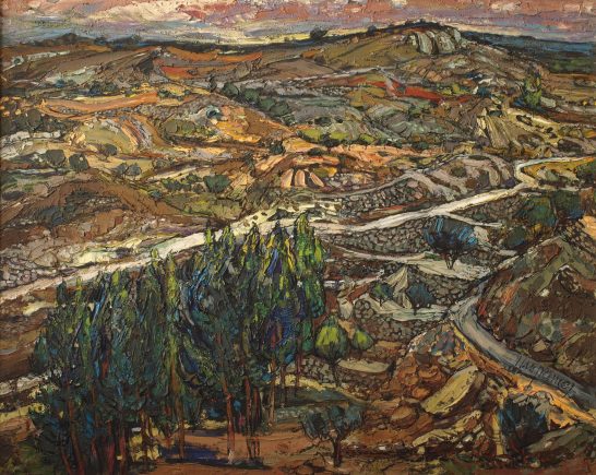 Paisaje árdo 'Mascarat' Alicante Paisaje con campos y colinas al atardecer, con caminos y vegetación en primer plano.