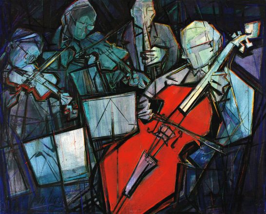 Músicos Cuatro músicos tocan instrumentos en un entorno oscuro y colorido.