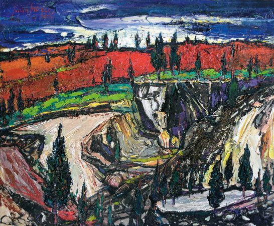 El barranco del diablo Paisaje abstracto con colinas, árboles y un cielo dramático en tonos azules y rojos.