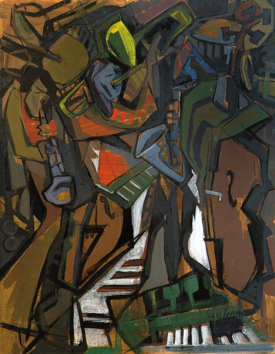 Músicos Composición abstracta en tonos marrones, verdes y grises con formas geométricas.