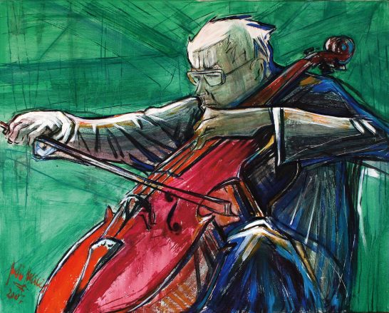 Homenaje a Rostropovich Hombre tocando un violonchelo con un fondo verde abstracto.
