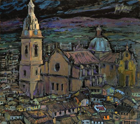 Xàtiva Vista nocturna de una ciudad con iglesias, resaltando sus cúpulas y arquitectura.