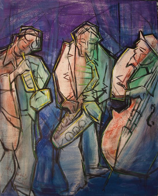 Músicos callejeros Tres músicos abstractos tocan instrumentos en un fondo de colores vibrantes.